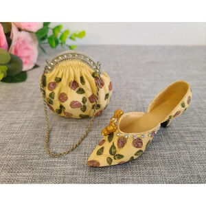 Vintage Miniature Nostalgia‎ Decorative Handbag & Shoe Beige Floral, Knick Knack